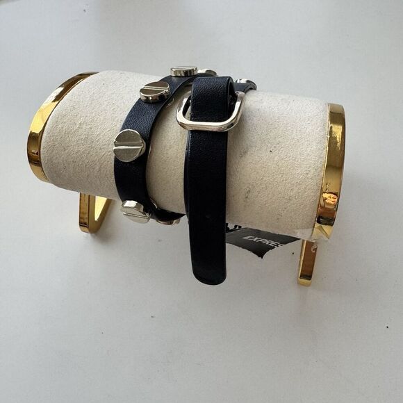 Express Black Faux Leather Bracelet Double Gold Screw Stud Wrap Belt Buckle NEW - Picture 2 of 4